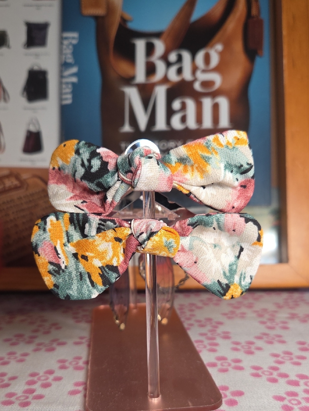 Floral Print Bow Hair Clips - Pink, Yellow & Green